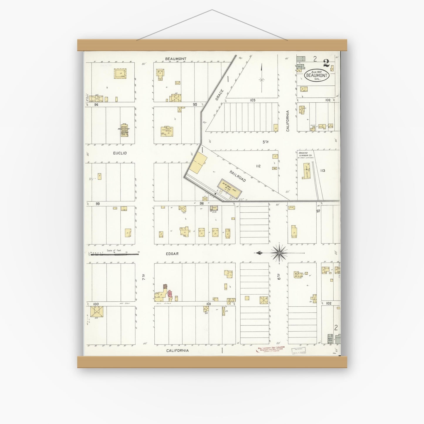 Old map wall art mockup — magnetic wood frame on white wall — Sanborn Fire Insurance Map from Beaumont, Riverside County, California (1907), Sheet #0002