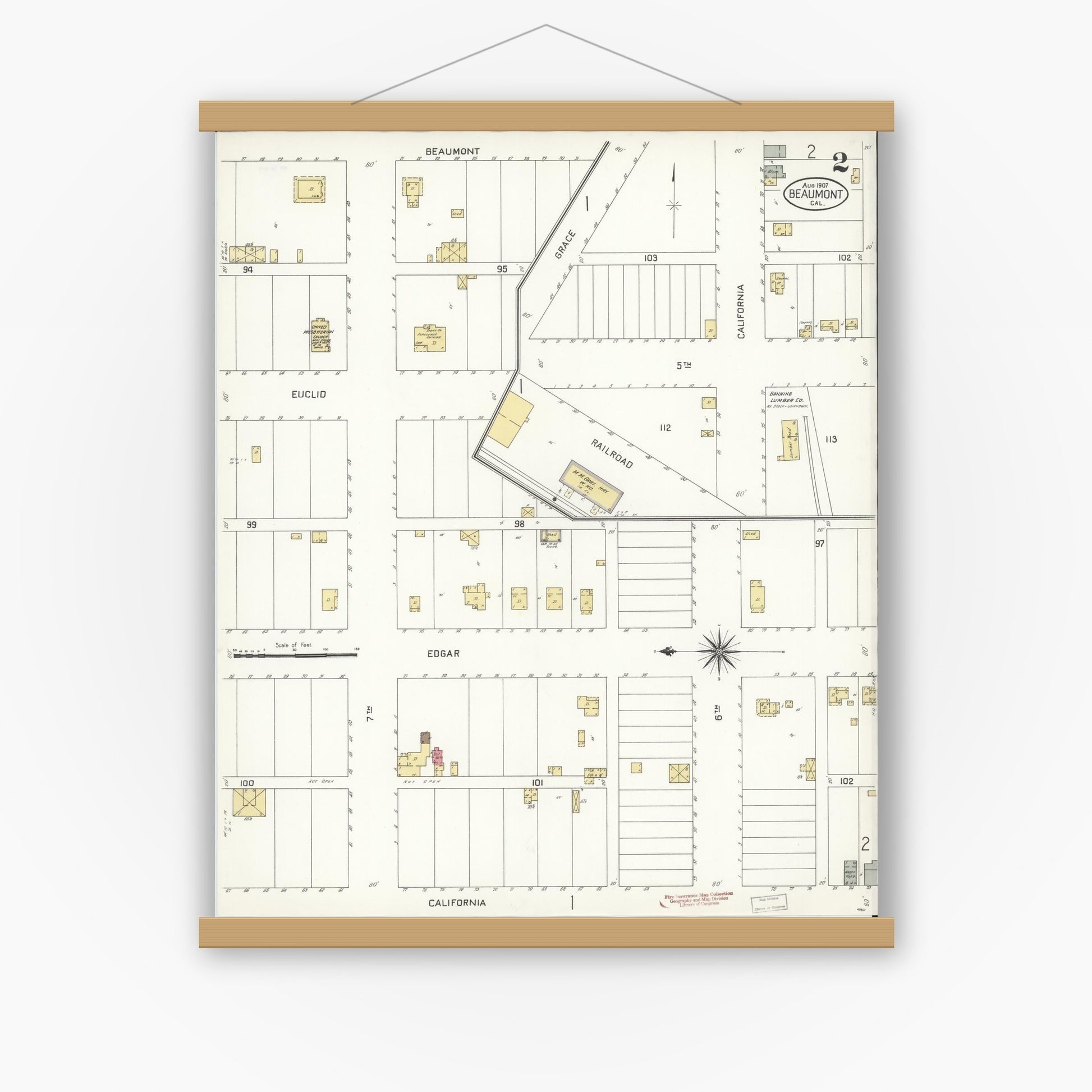 Old map wall art mockup — magnetic wood frame on white wall — Sanborn Fire Insurance Map from Beaumont, Riverside County, California (1907), Sheet #0002