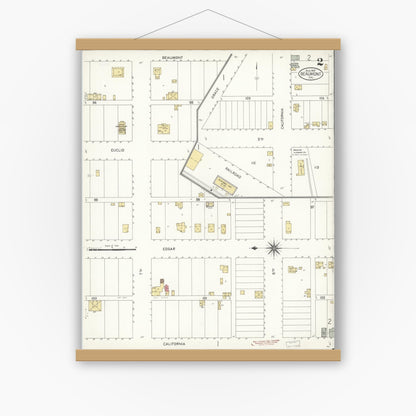 Old map wall art mockup — magnetic wood frame on white wall — Sanborn Fire Insurance Map from Beaumont, Riverside County, California (1907), Sheet #0002