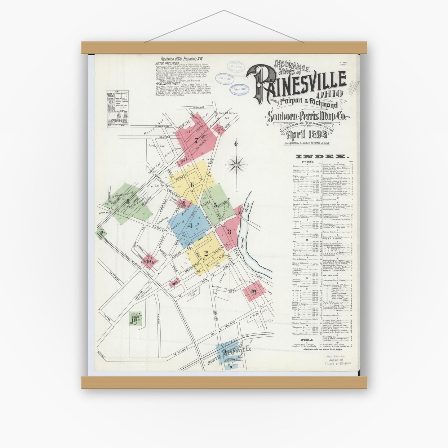 Old map wall art mockup — magnetic wood frame on white wall — Sanborn Fire Insurance Map from Painesville, Lake County, Ohio (1898), Sheet #0001