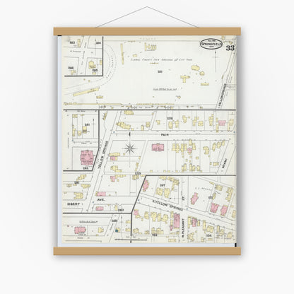 Old map wall art mockup — magnetic wood frame on white wall — Sanborn Fire Insurance Map from Springfield, Clark County, Ohio (1891), Sheet #0033