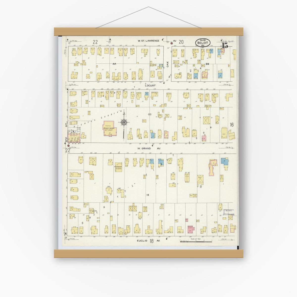 Old map wall art mockup — magnetic wood frame on white wall — Sanborn Fire Insurance Map from Beloit, Rock County, Wisconsin (1915), Sheet #0015