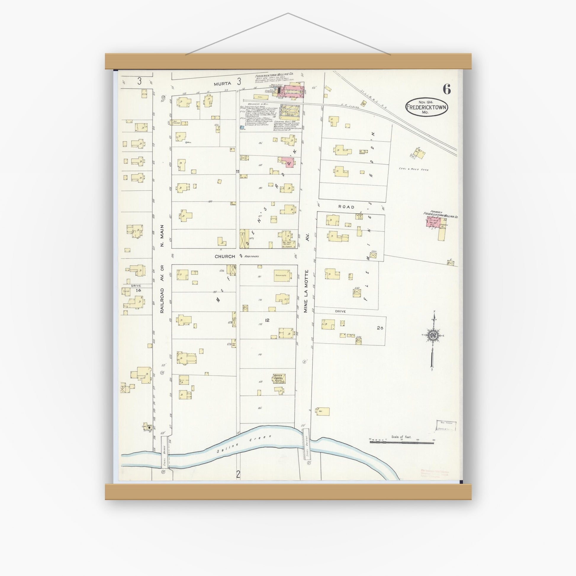 Old map wall art mockup — magnetic wood frame on white wall — Sanborn Fire Insurance Map from Fredericktown, Madison County, Missouri (1914), Sheet #0006