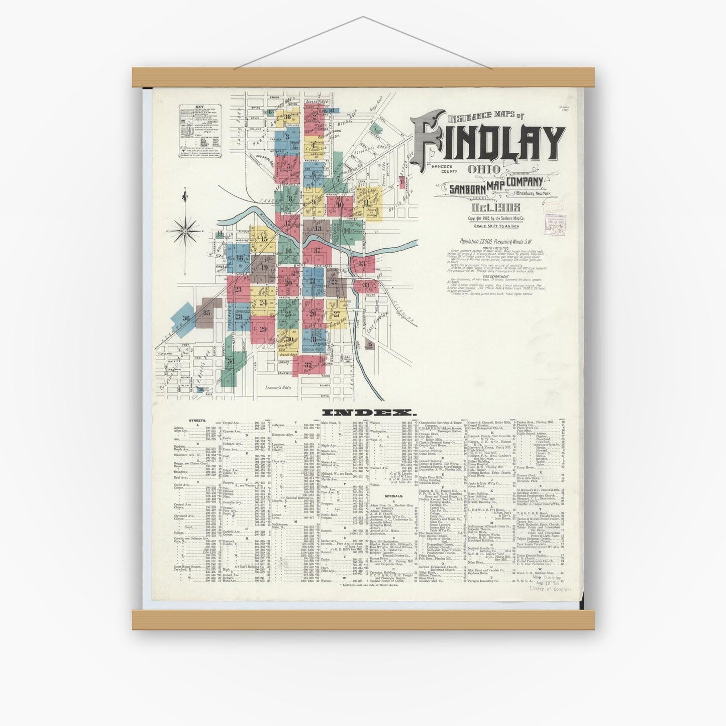 Old map wall art mockup — magnetic wood frame on white wall — Sanborn Fire Insurance Map from Findlay, Hancock County, Ohio (1908) - Complete Map Set