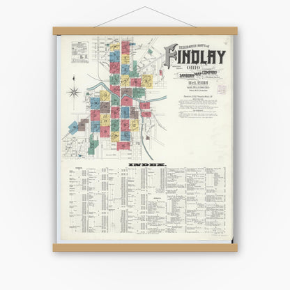 Old map wall art mockup — magnetic wood frame on white wall — Sanborn Fire Insurance Map from Findlay, Hancock County, Ohio (1908) - Complete Map Set