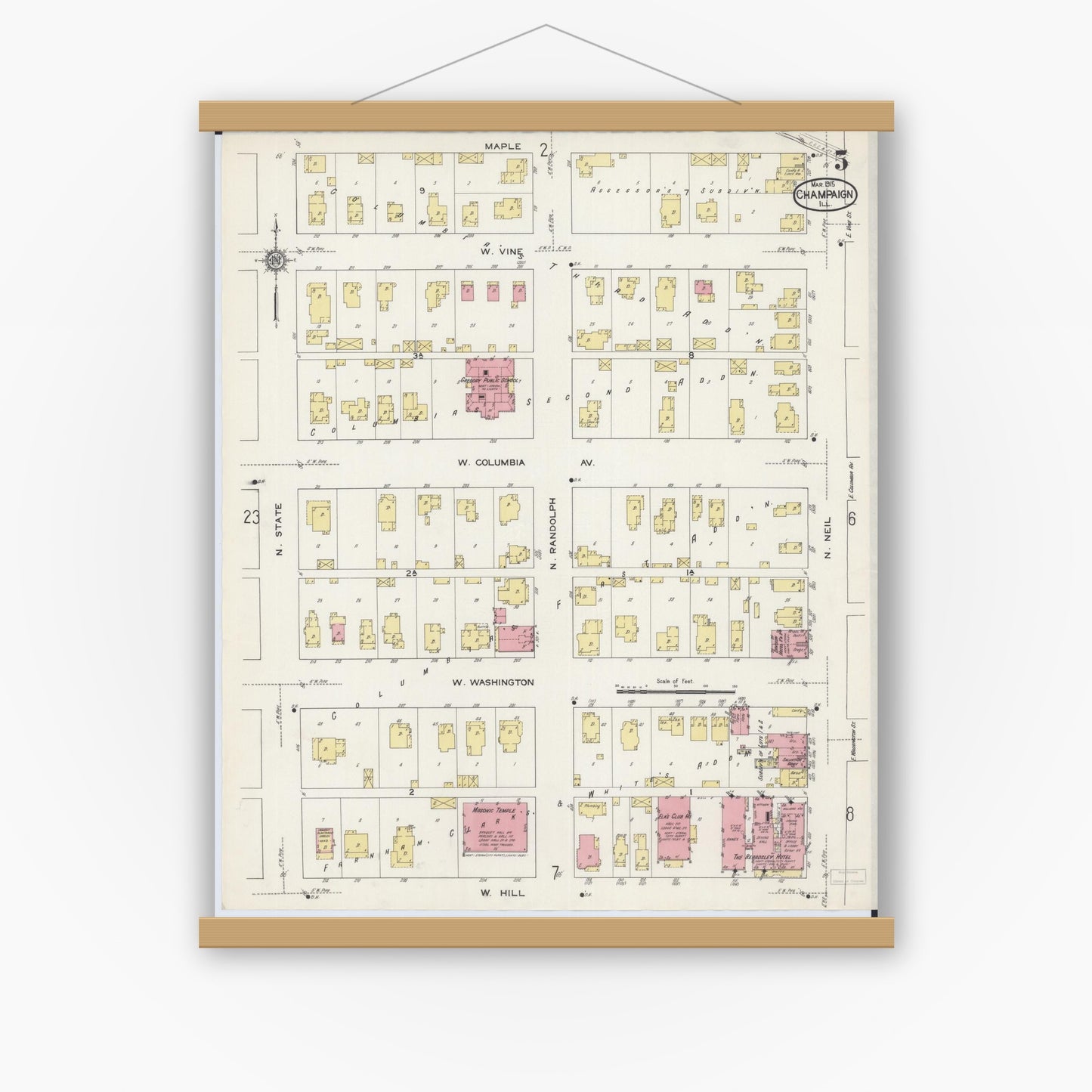Old map wall art mockup — magnetic wood frame on white wall — Sanborn Fire Insurance Map from Champaign, Champaign County, Illinois (1915), Sheet #0005