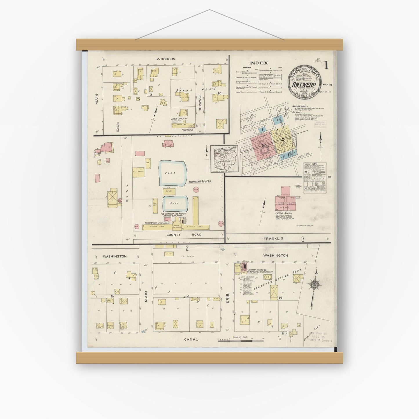 Old map wall art mockup — magnetic wood frame on white wall — Sanborn Fire Insurance Map from Antwerp, Paulding County, Ohio (1915) - Complete Map Set