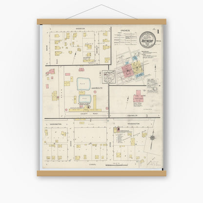 Old map wall art mockup — magnetic wood frame on white wall — Sanborn Fire Insurance Map from Antwerp, Paulding County, Ohio (1915) - Complete Map Set