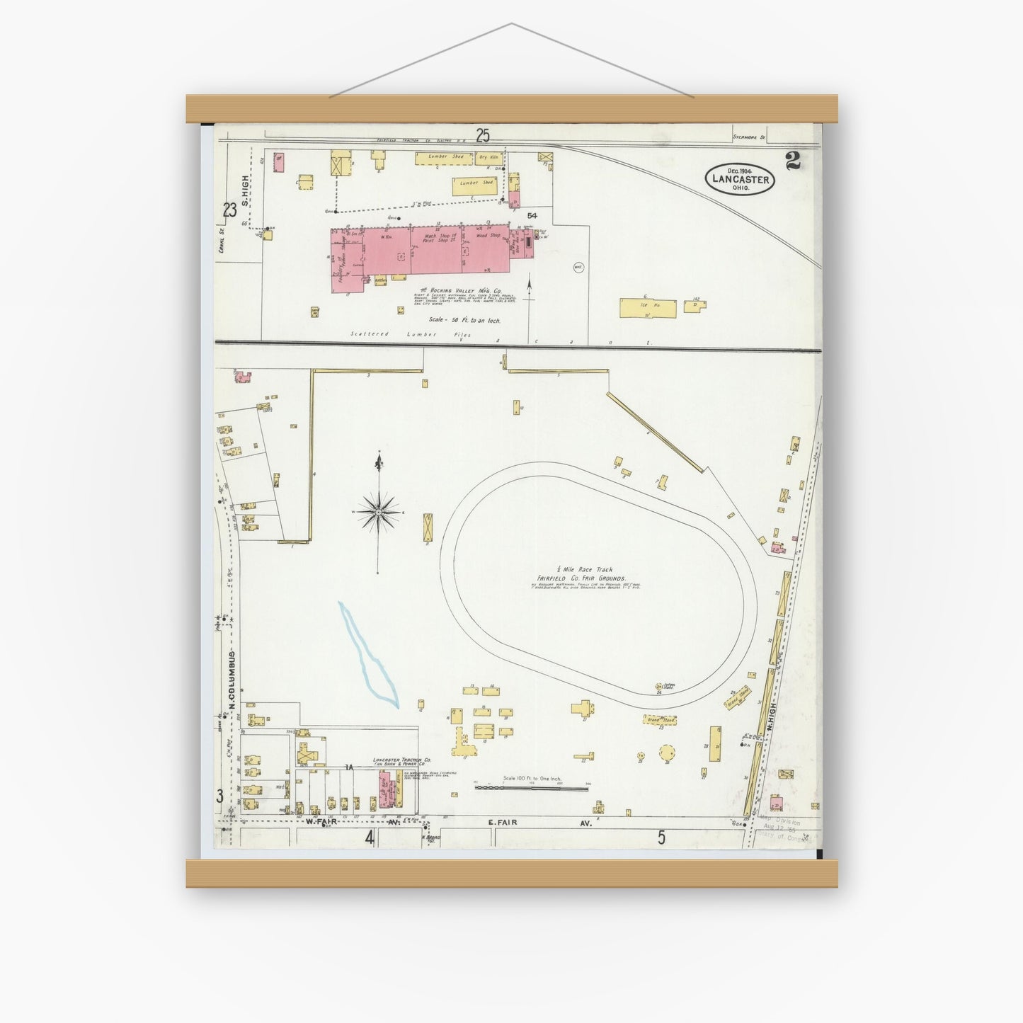 Old map wall art mockup — magnetic wood frame on white wall — Sanborn Fire Insurance Map from Lancaster, Fairfield County, Ohio (1904), Sheet #0002