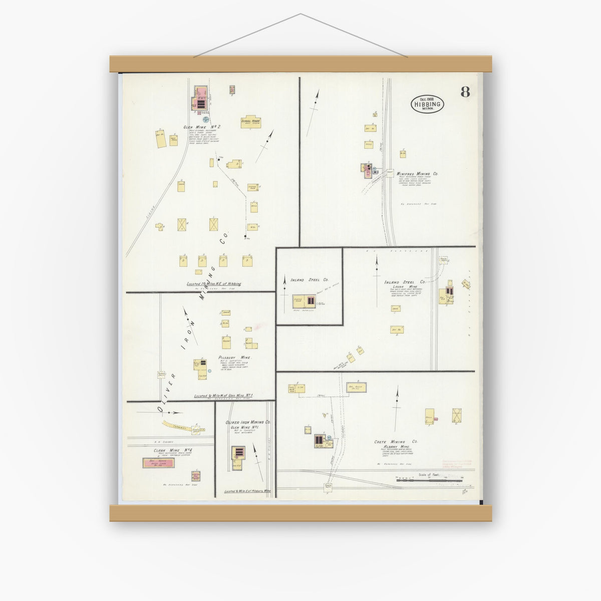 Old map wall art mockup — magnetic wood frame on white wall — Sanborn Fire Insurance Map from Hibbing, Saint Louis County, Minnesota (1908), Sheet #0008