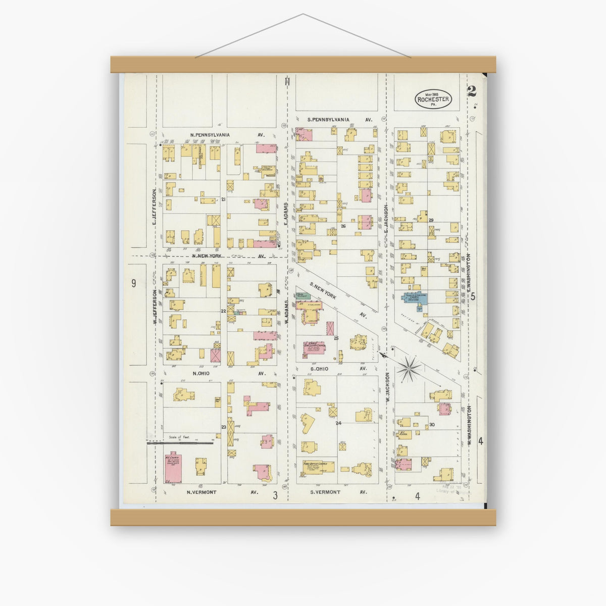 Old map wall art mockup — magnetic wood frame on white wall — Sanborn Fire Insurance Map from Rochester, Beaver County, Pennsylvania (1903), Sheet #0002