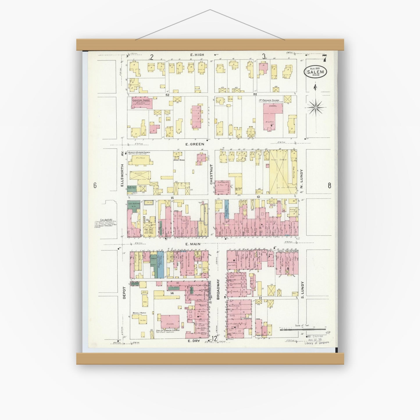 Old map wall art mockup — magnetic wood frame on white wall — Sanborn Fire Insurance Map from Salem, Columbiana County, Ohio (1909), Sheet #0007