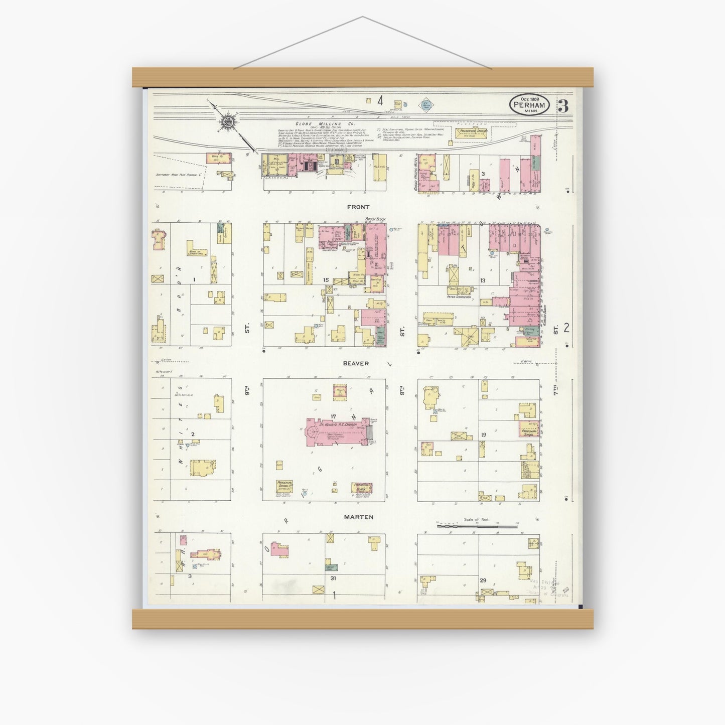Old map wall art mockup — magnetic wood frame on white wall — Sanborn Fire Insurance Map from Perham, Otter Tail County, Minnesota (1909), Sheet #0003
