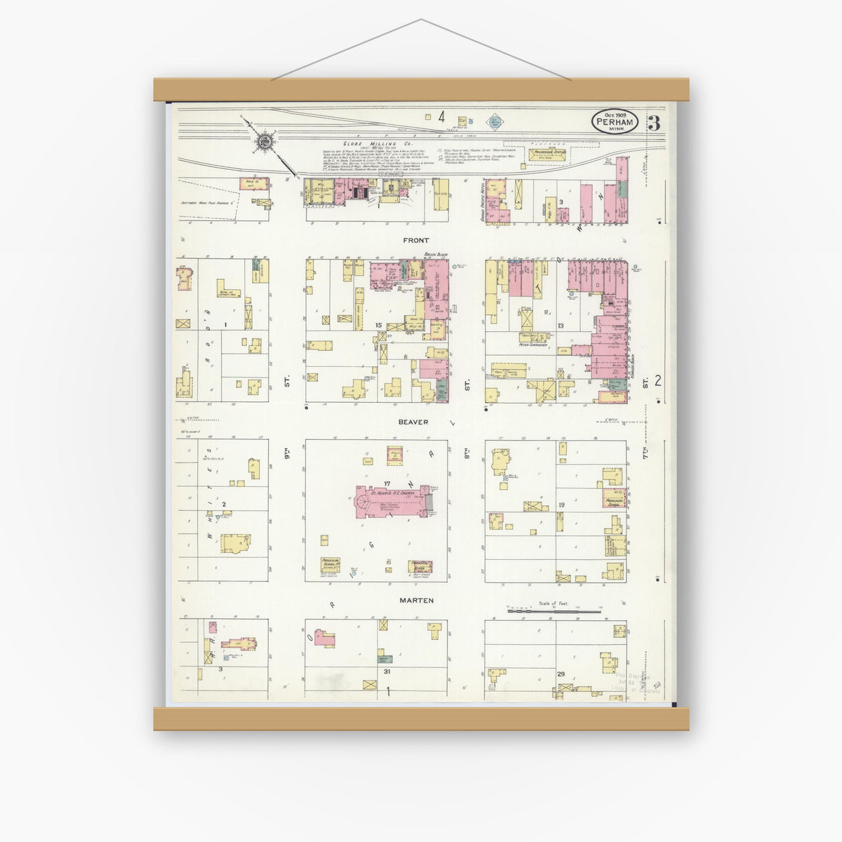 Old map wall art mockup — magnetic wood frame on white wall — Sanborn Fire Insurance Map from Perham, Otter Tail County, Minnesota (1909), Sheet #0003