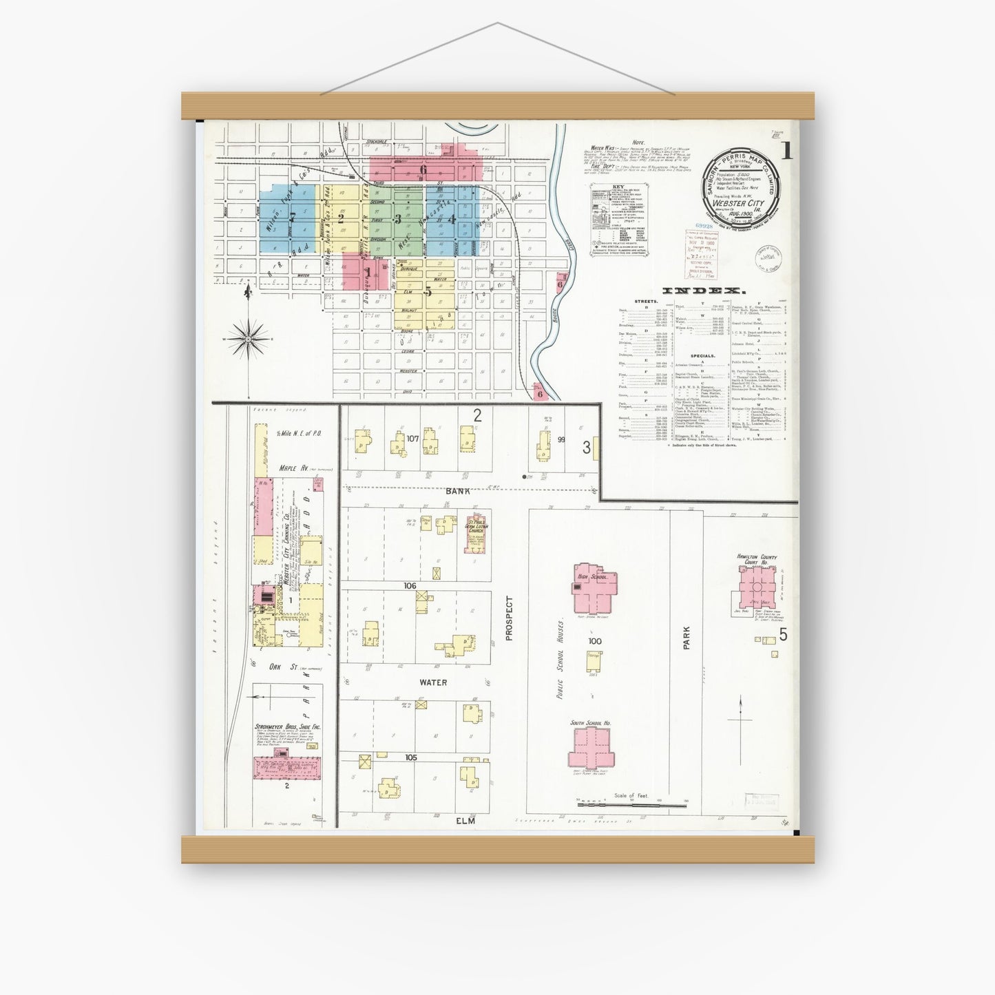 Old map wall art mockup — magnetic wood frame on white wall — Sanborn Fire Insurance Map from Webster City, Hamilton County, Iowa (1900), Sheet #0001