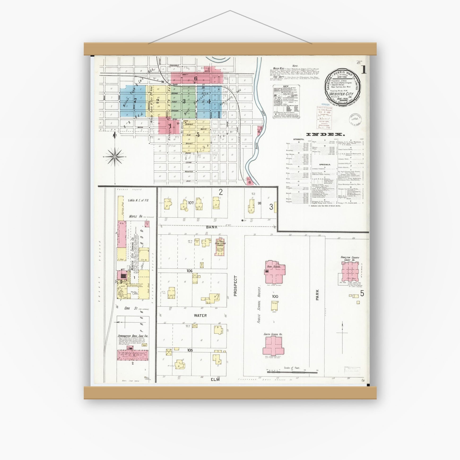 Old map wall art mockup — magnetic wood frame on white wall — Sanborn Fire Insurance Map from Webster City, Hamilton County, Iowa (1900), Sheet #0001