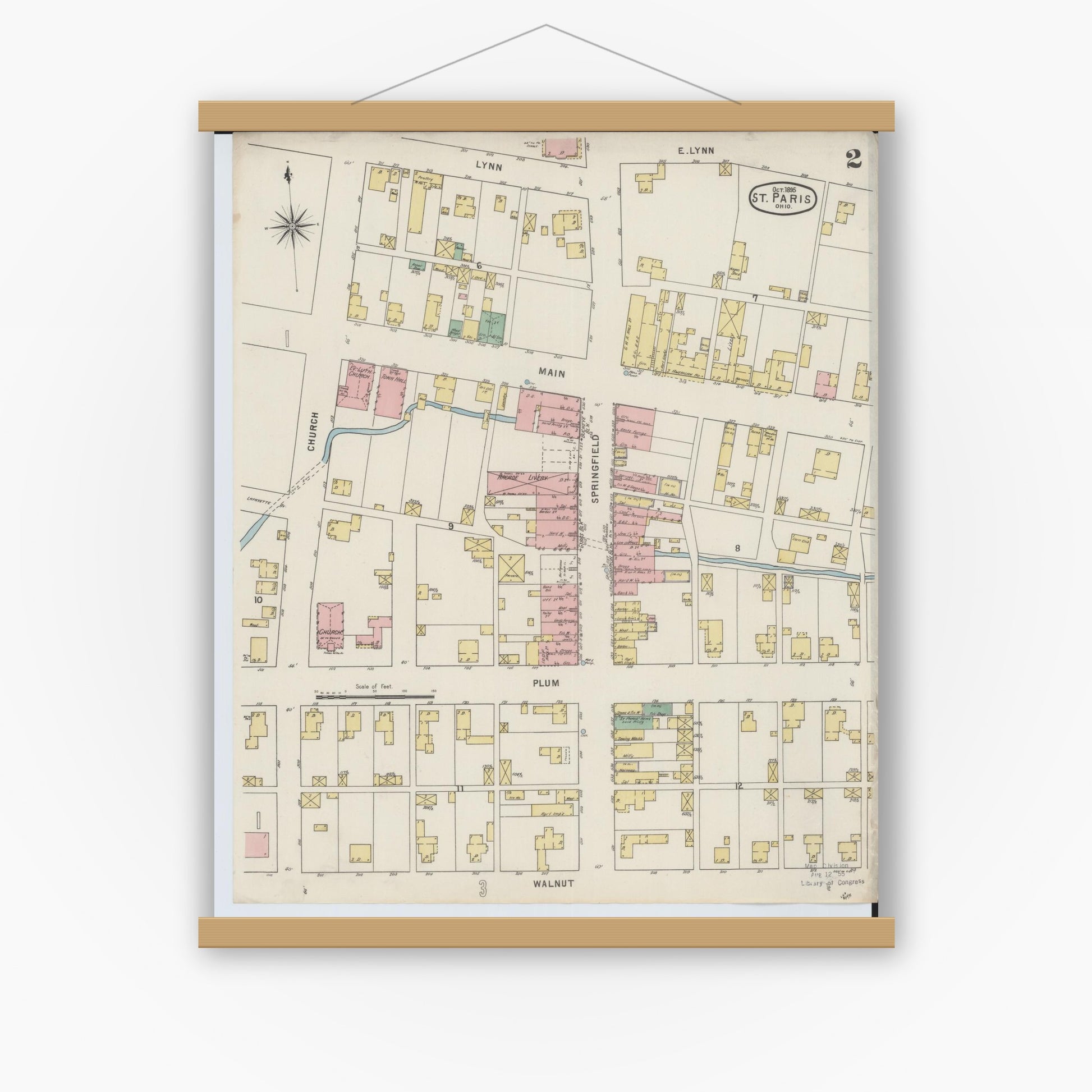Old map wall art mockup — magnetic wood frame on white wall — Sanborn Fire Insurance Map from Saint Paris, Champaign County, Ohio (1895), Sheet #0002