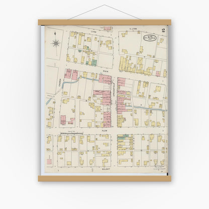 Old map wall art mockup — magnetic wood frame on white wall — Sanborn Fire Insurance Map from Saint Paris, Champaign County, Ohio (1895), Sheet #0002