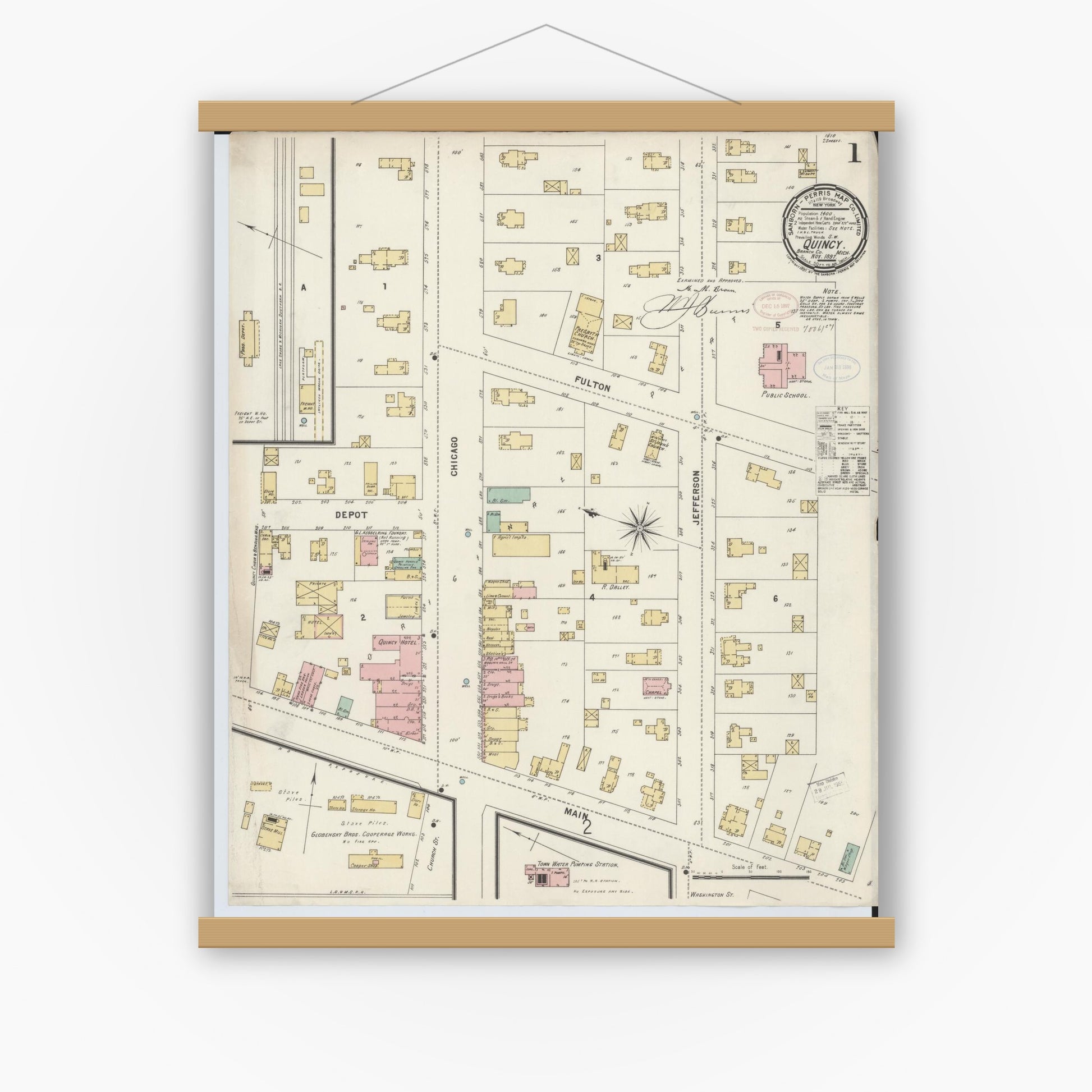 Old map wall art mockup — magnetic wood frame on white wall — Sanborn Fire Insurance Map from Quincy, Branch County, Michigan (1897) - Complete Map Set