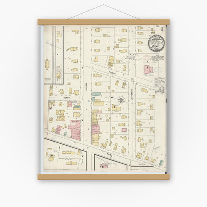 Old map wall art mockup — magnetic wood frame on white wall — Sanborn Fire Insurance Map from Quincy, Branch County, Michigan (1897) - Complete Map Set