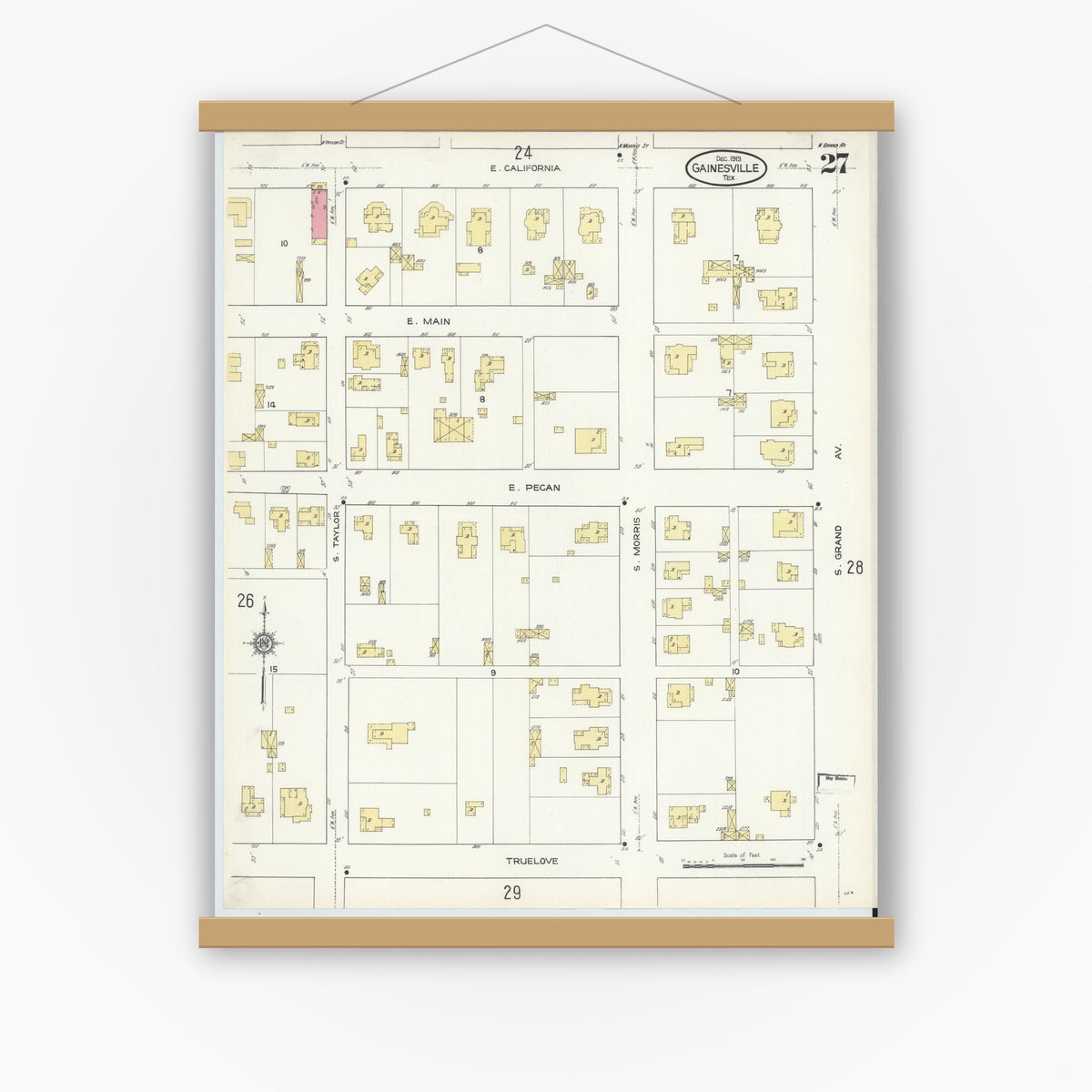 Old map wall art mockup — magnetic wood frame on white wall — Sanborn Fire Insurance Map from Gainesville, Cooke County, Texas (1913), Sheet #0027