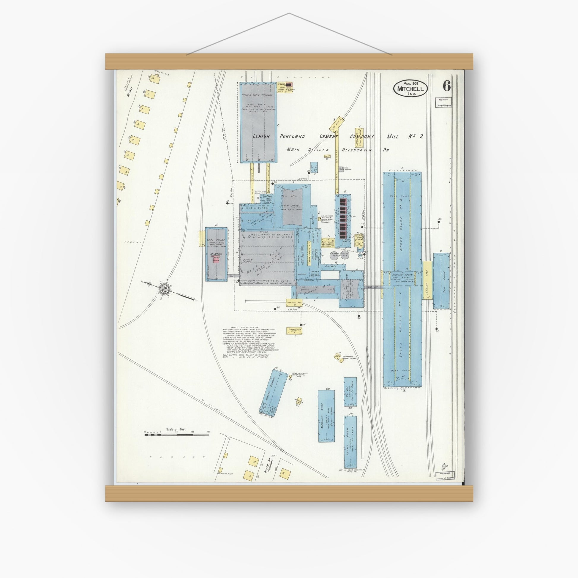 Old map wall art mockup — magnetic wood frame on white wall — Sanborn Fire Insurance Map from Mitchell, Lawrence County, Indiana (1909), Sheet #0006