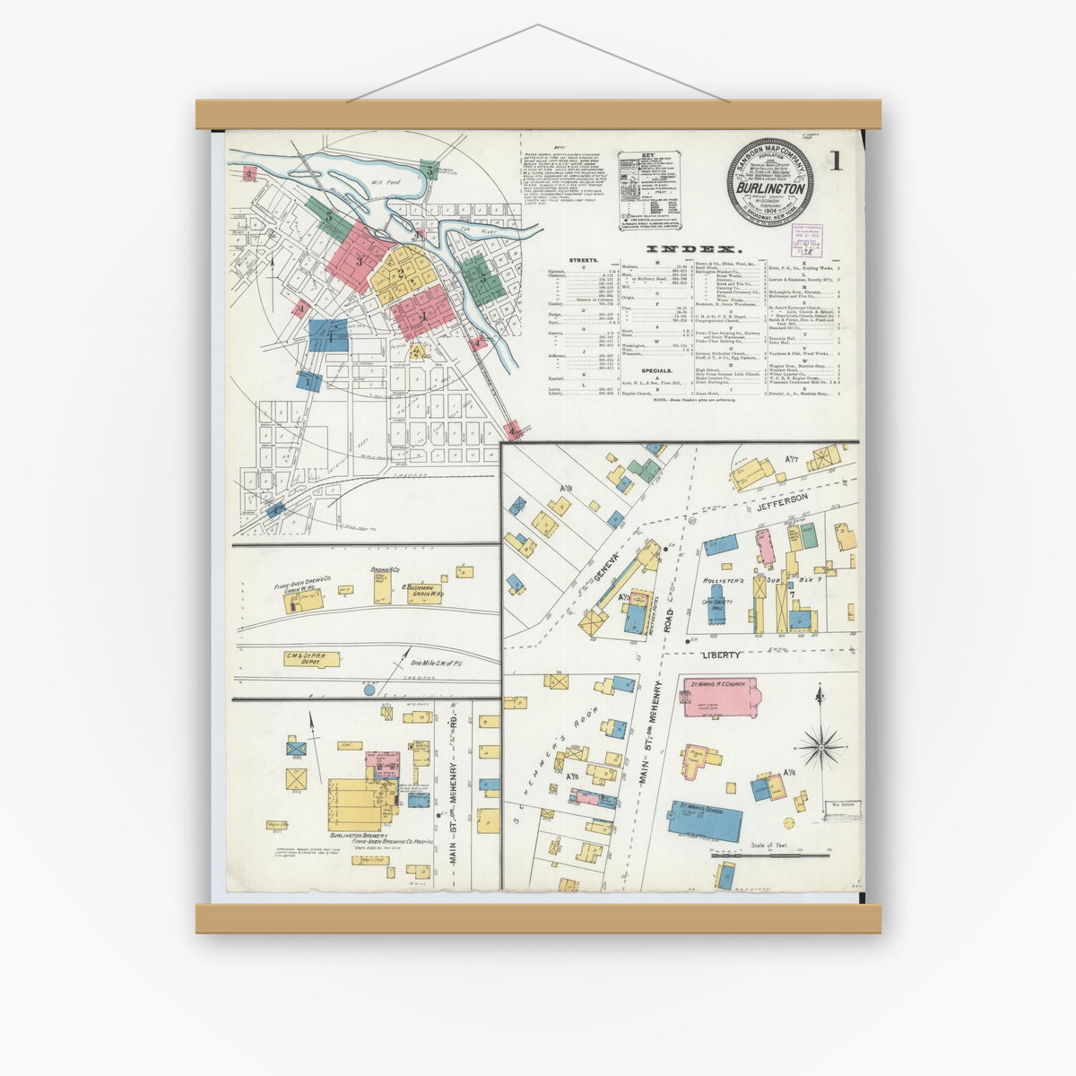 Old map wall art mockup — magnetic wood frame on white wall — Sanborn Fire Insurance Map from Burlington, Racine County, Wisconsin (1904), Sheet #0001