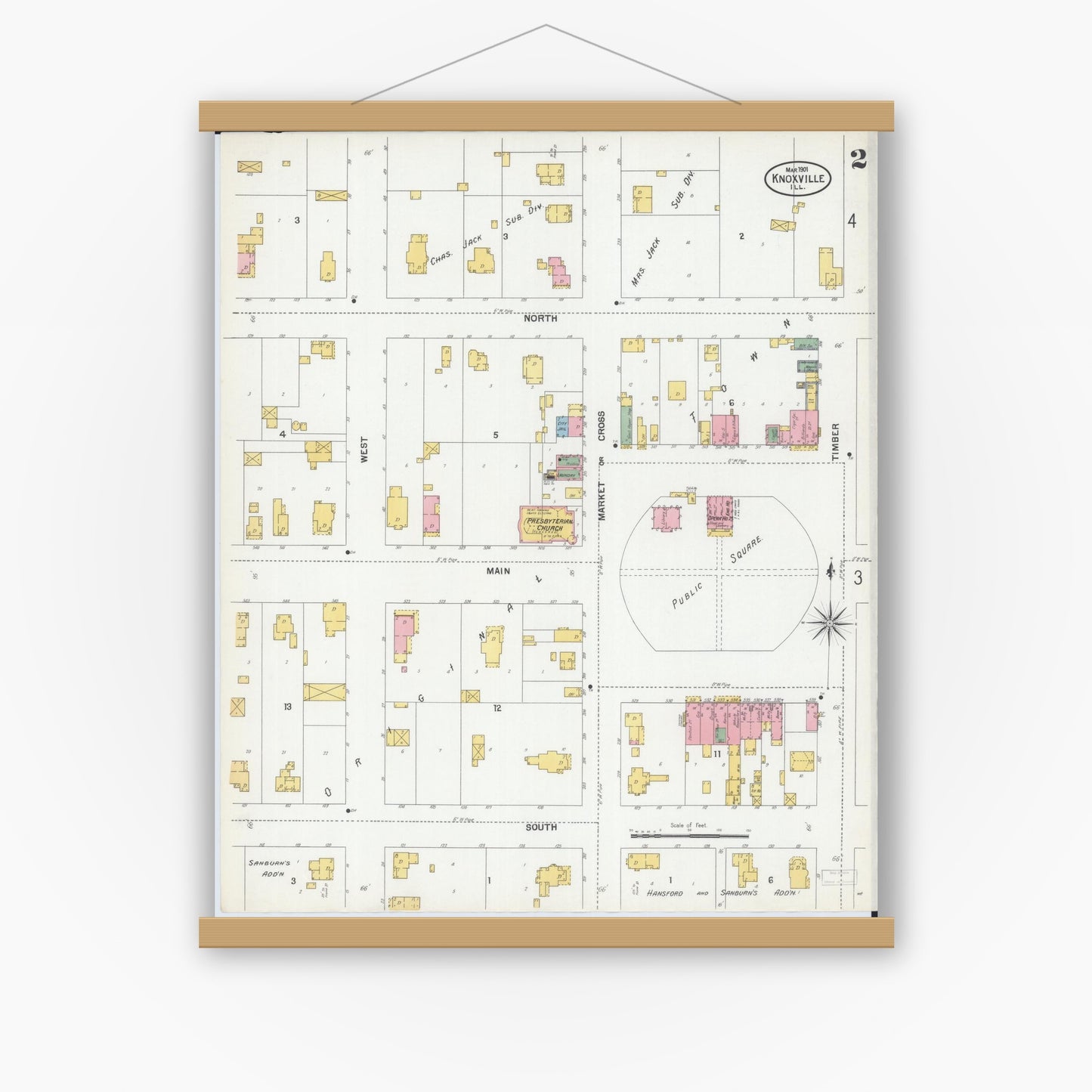 Old map wall art mockup — magnetic wood frame on white wall — Sanborn Fire Insurance Map from Knoxville, Knox County, Illinois (1901), Sheet #0002