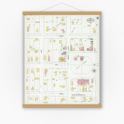 Old map wall art mockup — magnetic wood frame on white wall — Sanborn Fire Insurance Map from Knoxville, Knox County, Illinois (1901), Sheet #0002
