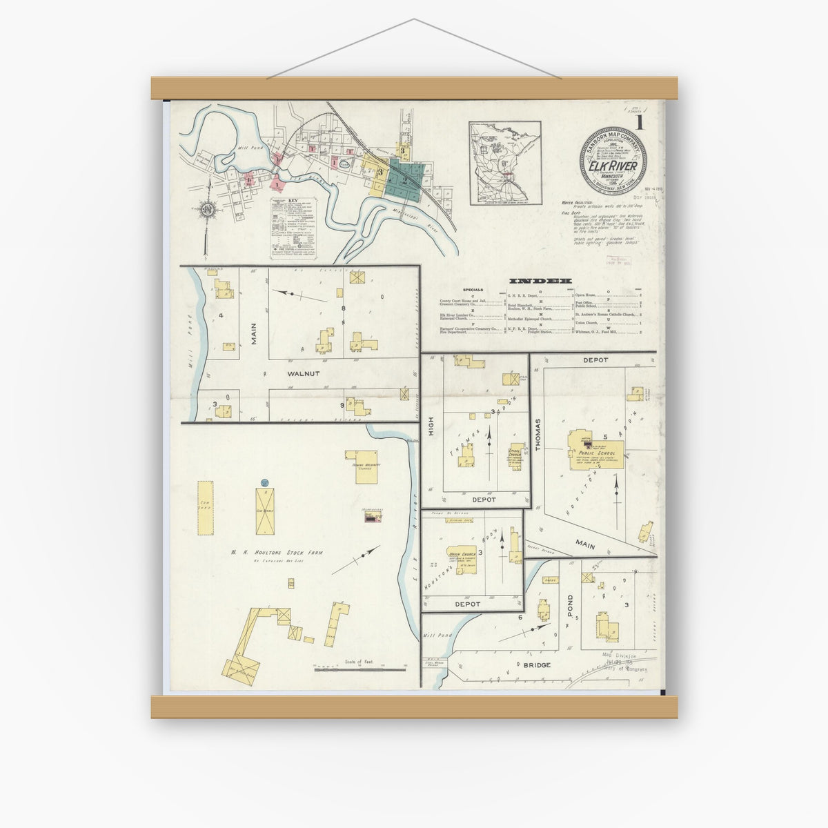 Old map wall art mockup — magnetic wood frame on white wall — Sanborn Fire Insurance Map from Elk River, Sherburne County, Minnesota (1915) - Complete Map Set