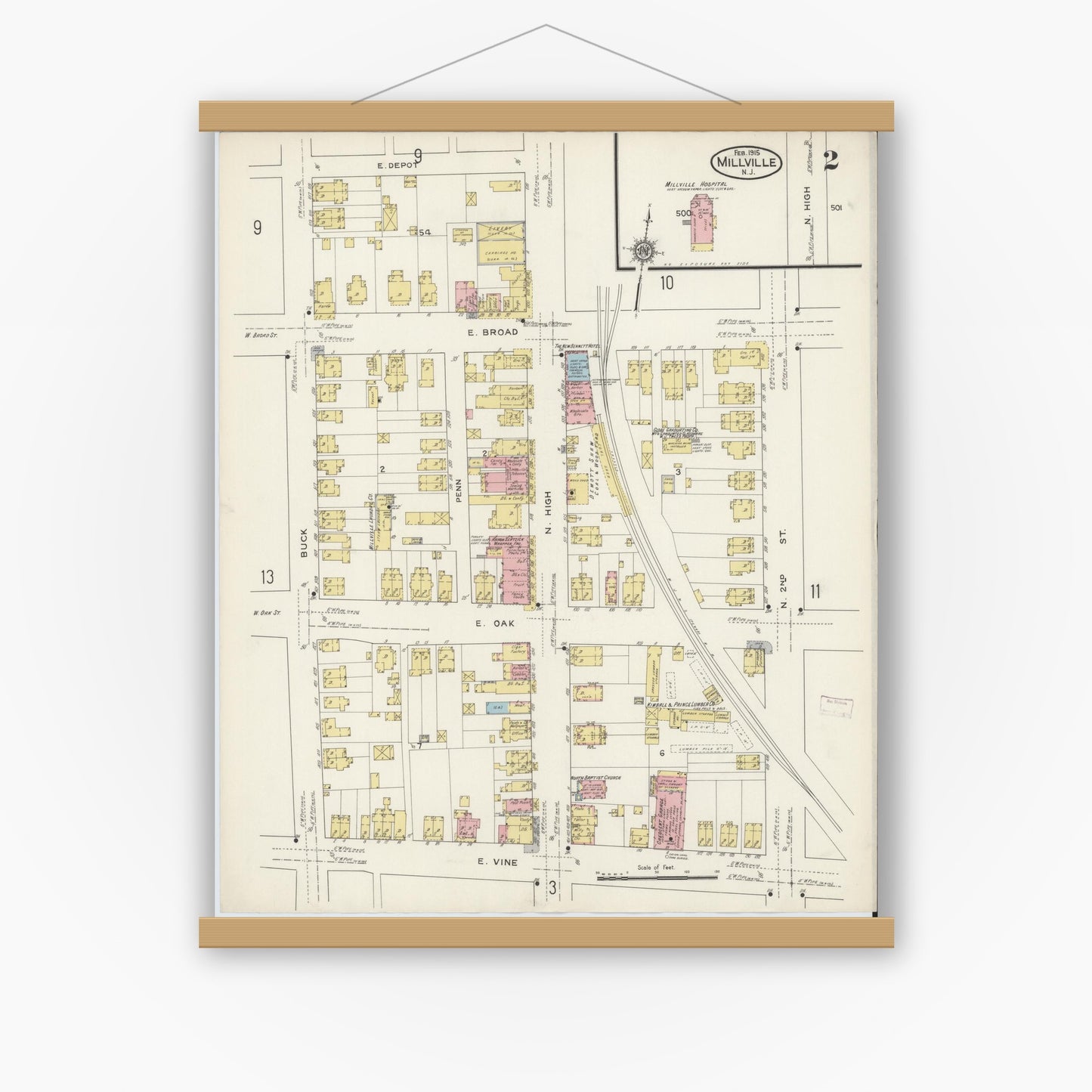 Old map wall art mockup — magnetic wood frame on white wall — Sanborn Fire Insurance Map from Millville, Cumberland County, New Jersey (1915), Sheet #0002