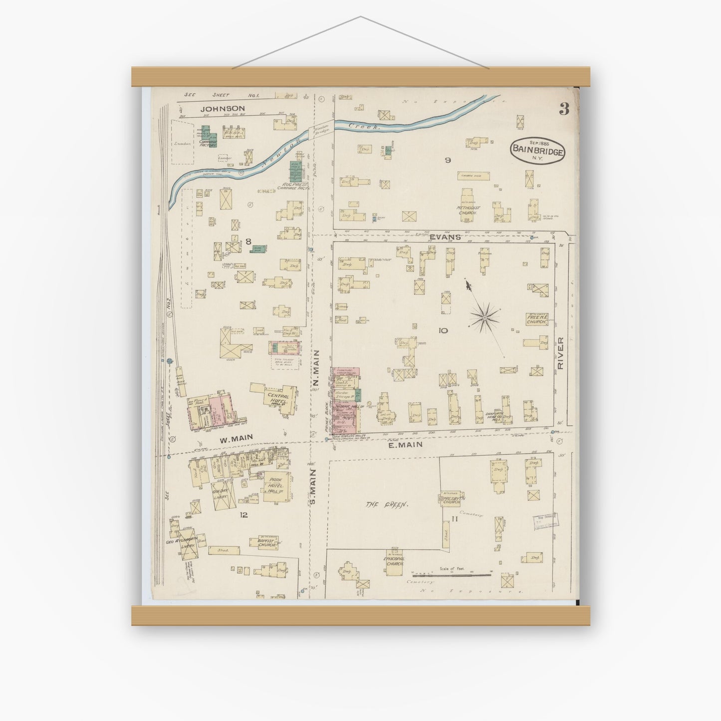 Old map wall art mockup — magnetic wood frame on white wall — Sanborn Fire Insurance Map from Bainbridge, Chenango County, New York (1885), Sheet #0003