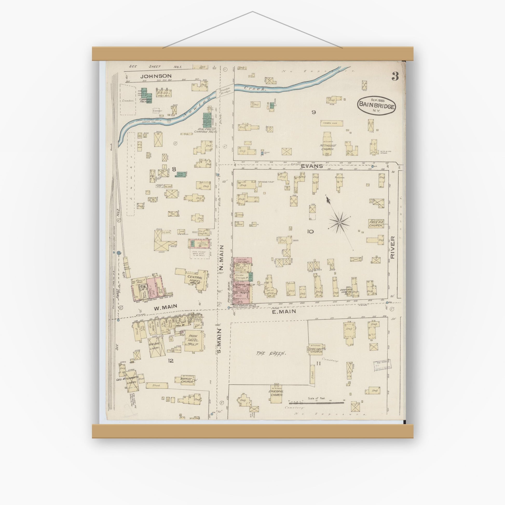 Old map wall art mockup — magnetic wood frame on white wall — Sanborn Fire Insurance Map from Bainbridge, Chenango County, New York (1885), Sheet #0003