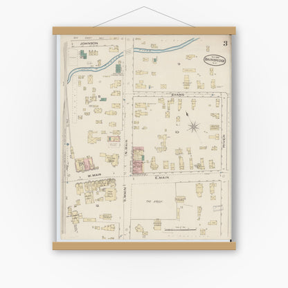 Old map wall art mockup — magnetic wood frame on white wall — Sanborn Fire Insurance Map from Bainbridge, Chenango County, New York (1885), Sheet #0003