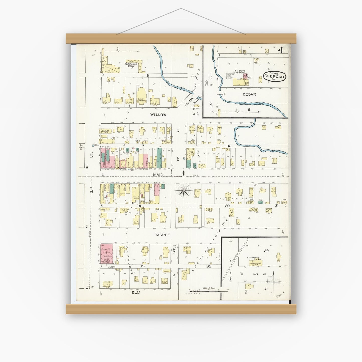 Old map wall art mockup — magnetic wood frame on white wall — Sanborn Fire Insurance Map from Cherokee, Cherokee County, Iowa (1893), Sheet #0004