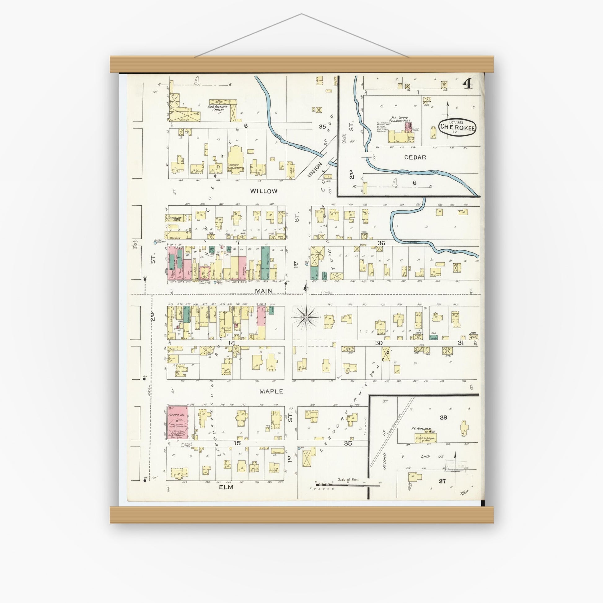 Old map wall art mockup — magnetic wood frame on white wall — Sanborn Fire Insurance Map from Cherokee, Cherokee County, Iowa (1893), Sheet #0004