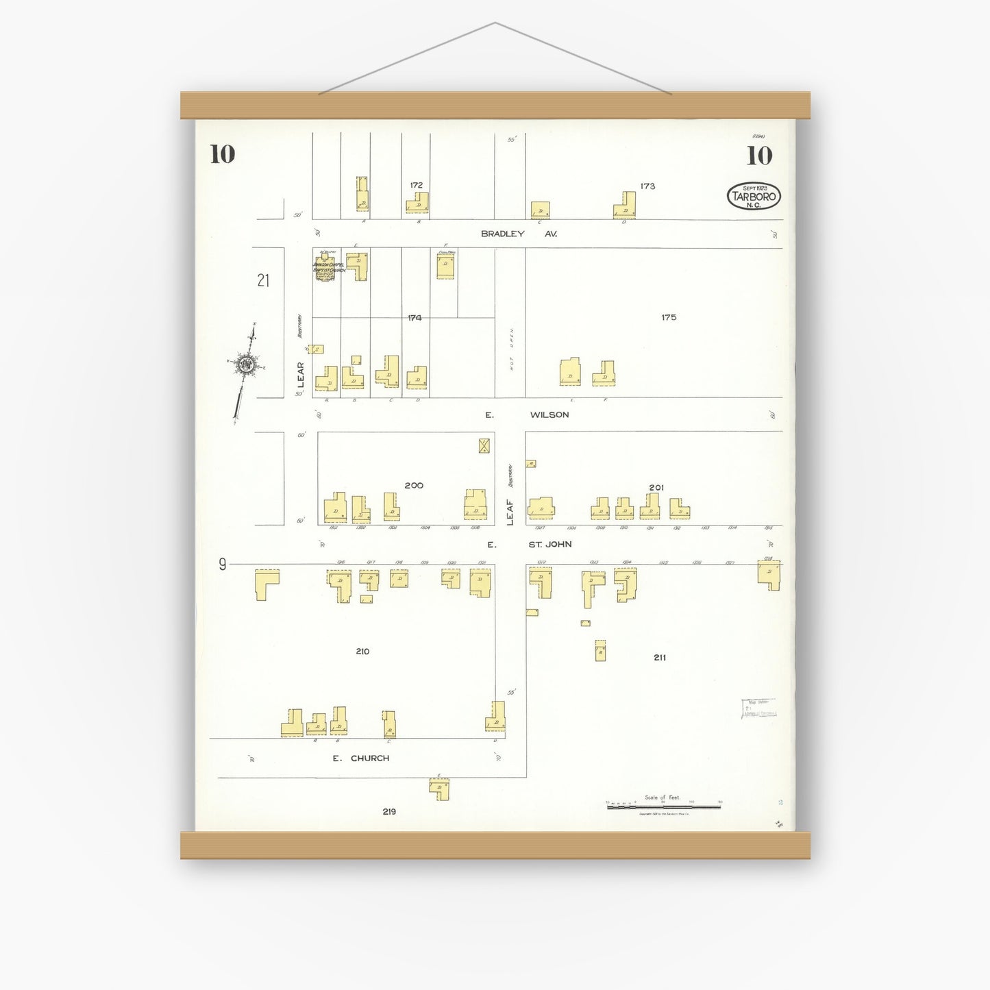 Old map wall art mockup — magnetic wood frame on white wall — Sanborn Fire Insurance Map from Tarboro, Edgecombe County, North Carolina (1923), Sheet #0010
