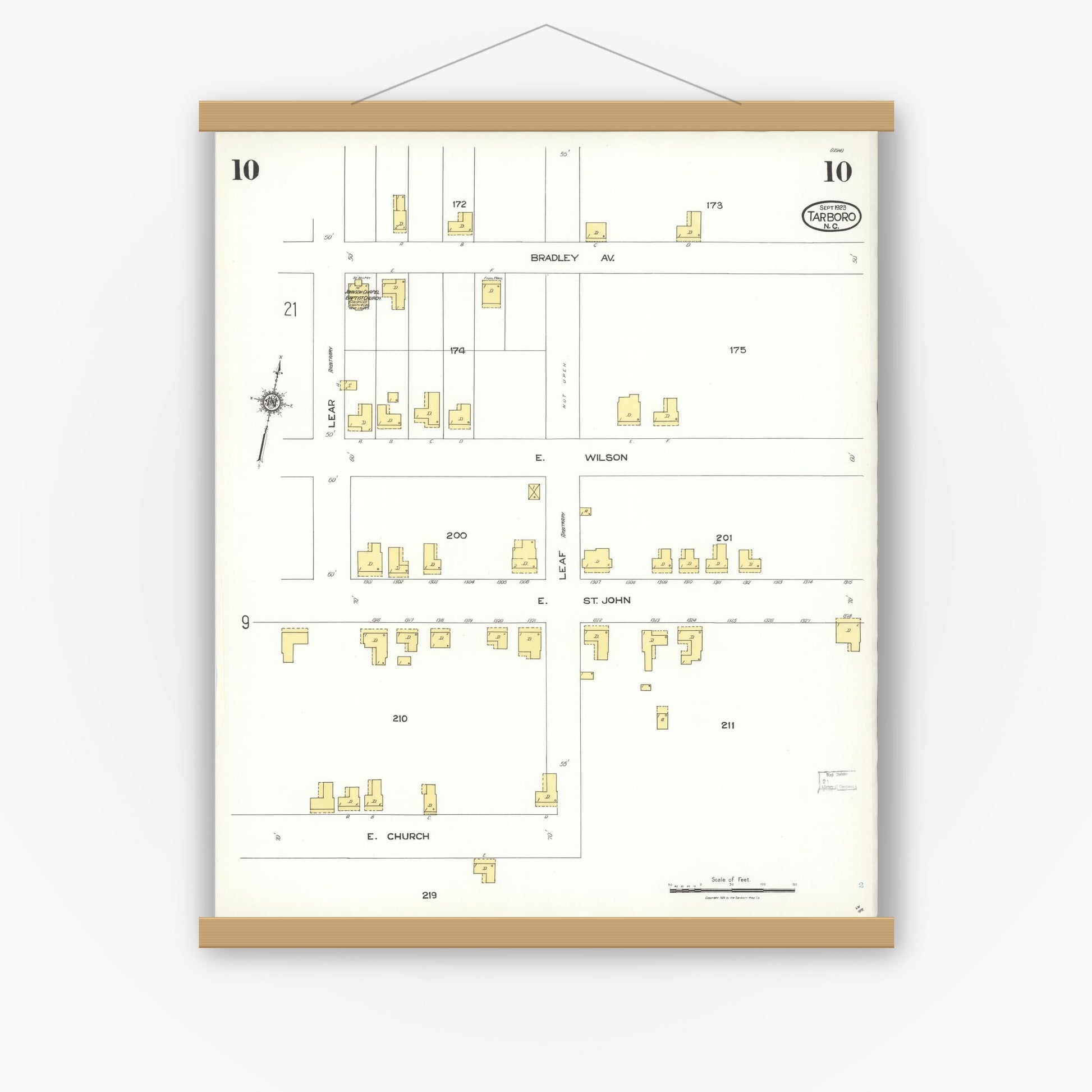 Old map wall art mockup — magnetic wood frame on white wall — Sanborn Fire Insurance Map from Tarboro, Edgecombe County, North Carolina (1923), Sheet #0010