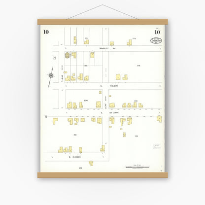 Old map wall art mockup — magnetic wood frame on white wall — Sanborn Fire Insurance Map from Tarboro, Edgecombe County, North Carolina (1923), Sheet #0010