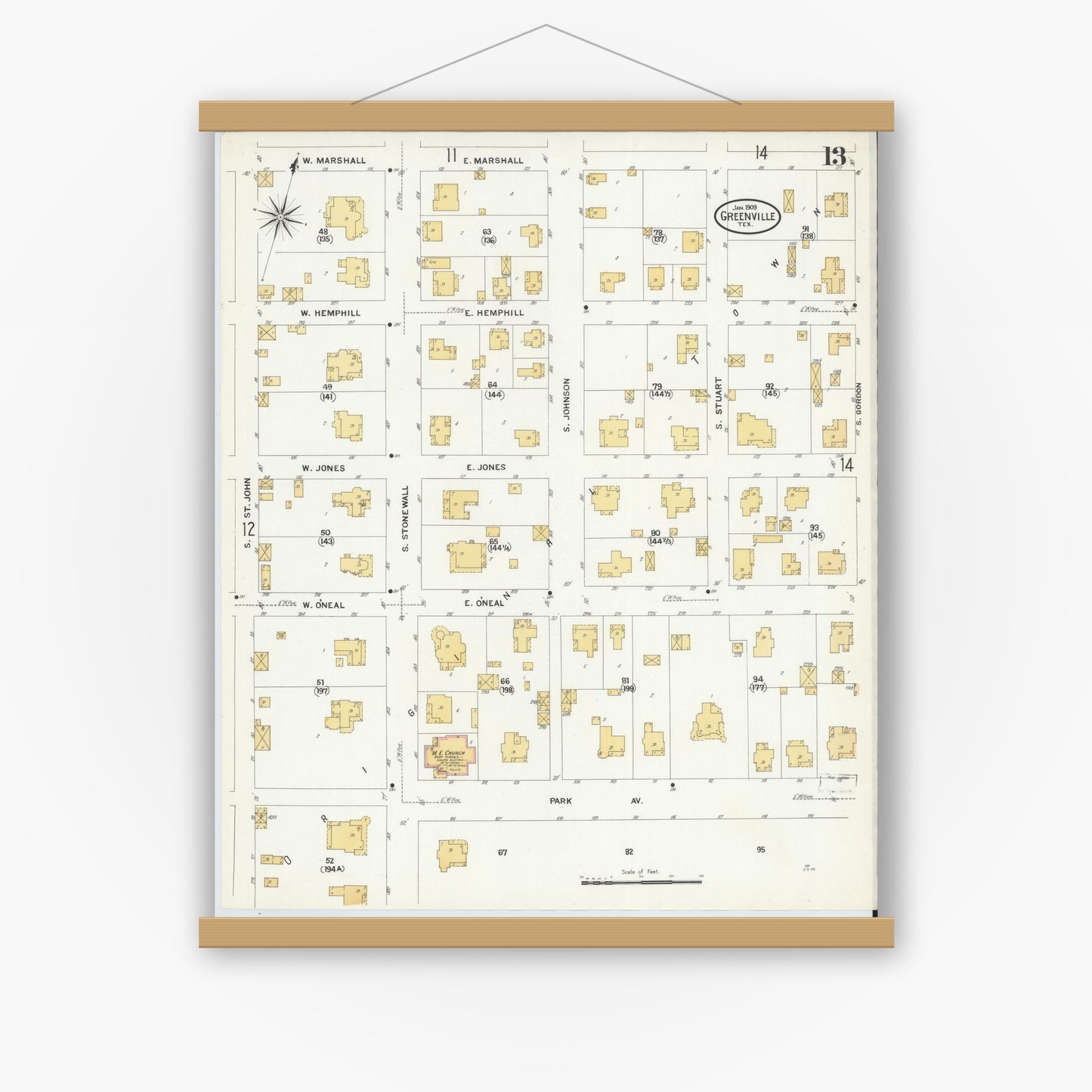 Old map wall art mockup — magnetic wood frame on white wall — Sanborn Fire Insurance Map from Greenville, Hunt County, Texas (1909), Sheet #0013