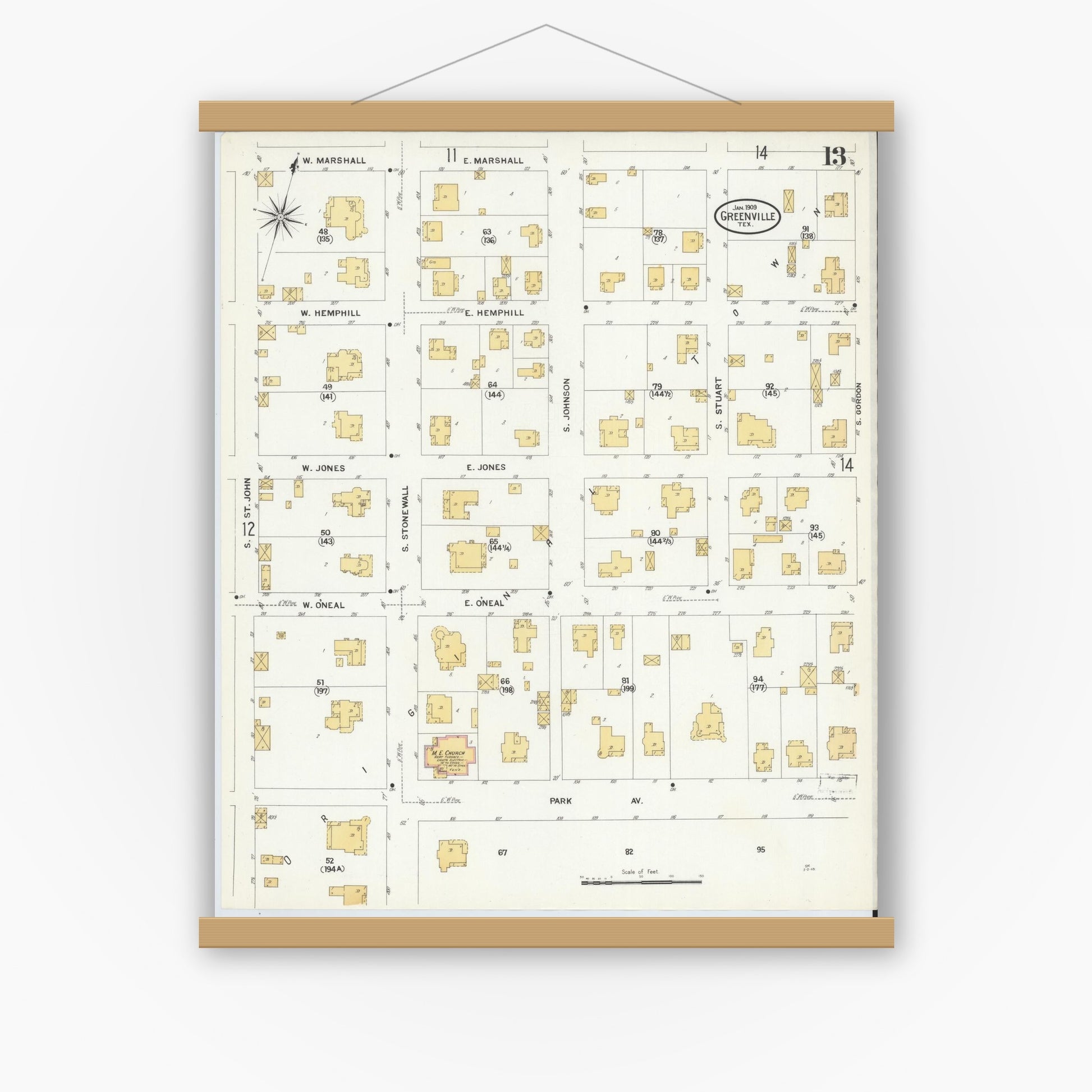 Old map wall art mockup — magnetic wood frame on white wall — Sanborn Fire Insurance Map from Greenville, Hunt County, Texas (1909), Sheet #0013