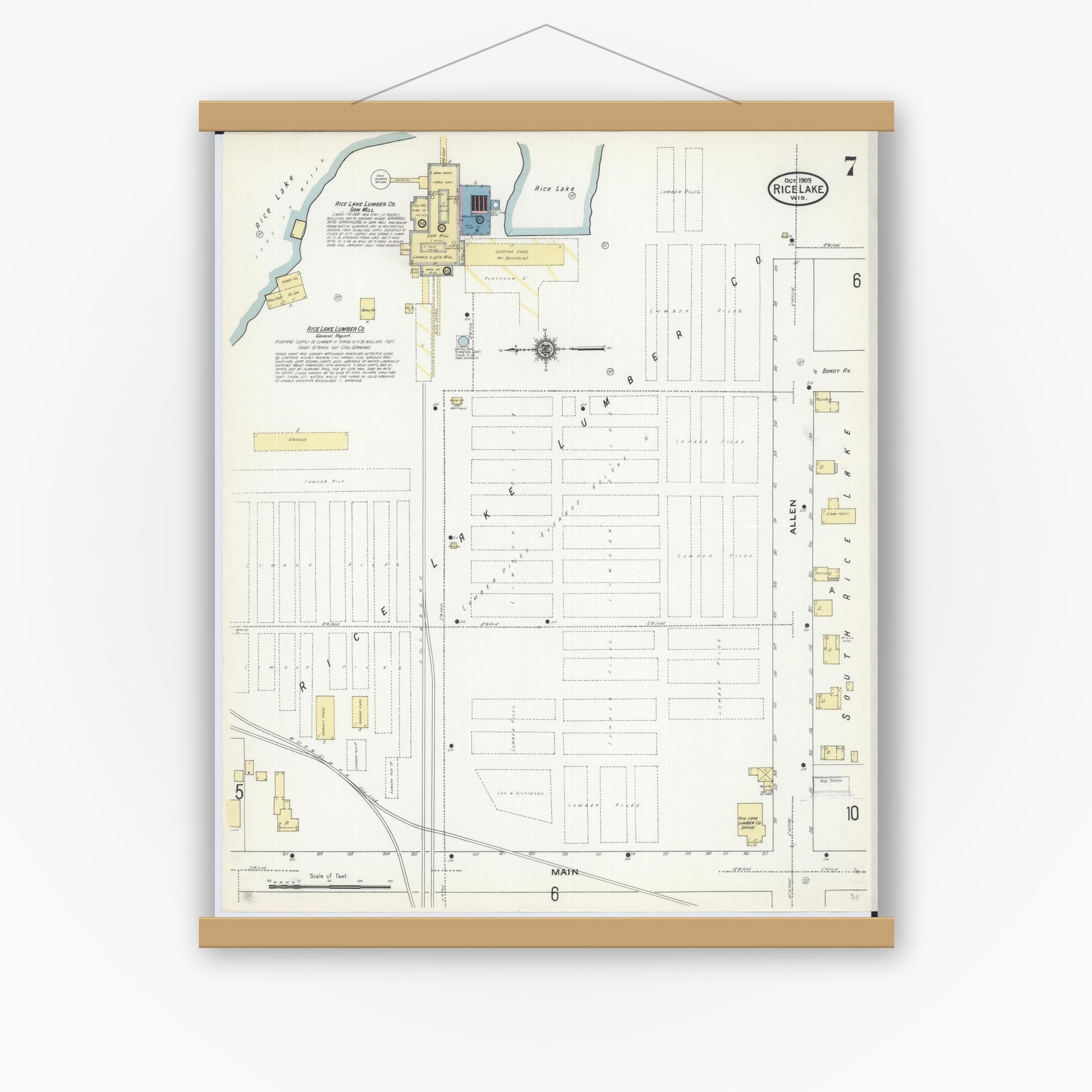 Old map wall art mockup — magnetic wood frame on white wall — Sanborn Fire Insurance Map from Rice Lake, Barron County, Wisconsin (1909), Sheet #0007