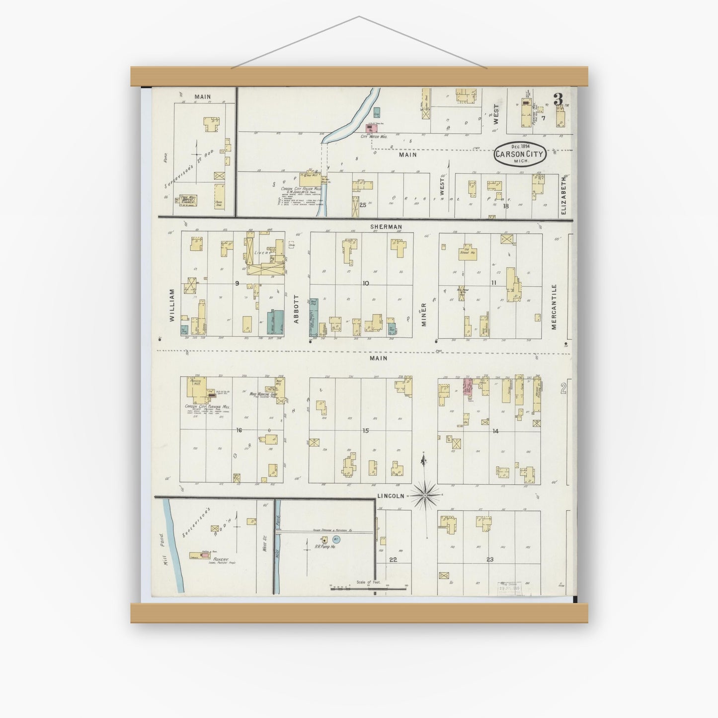 Old map wall art mockup — magnetic wood frame on white wall — Sanborn Fire Insurance Map from Carson City, Montcalm County, Michigan (1894), Sheet #0003