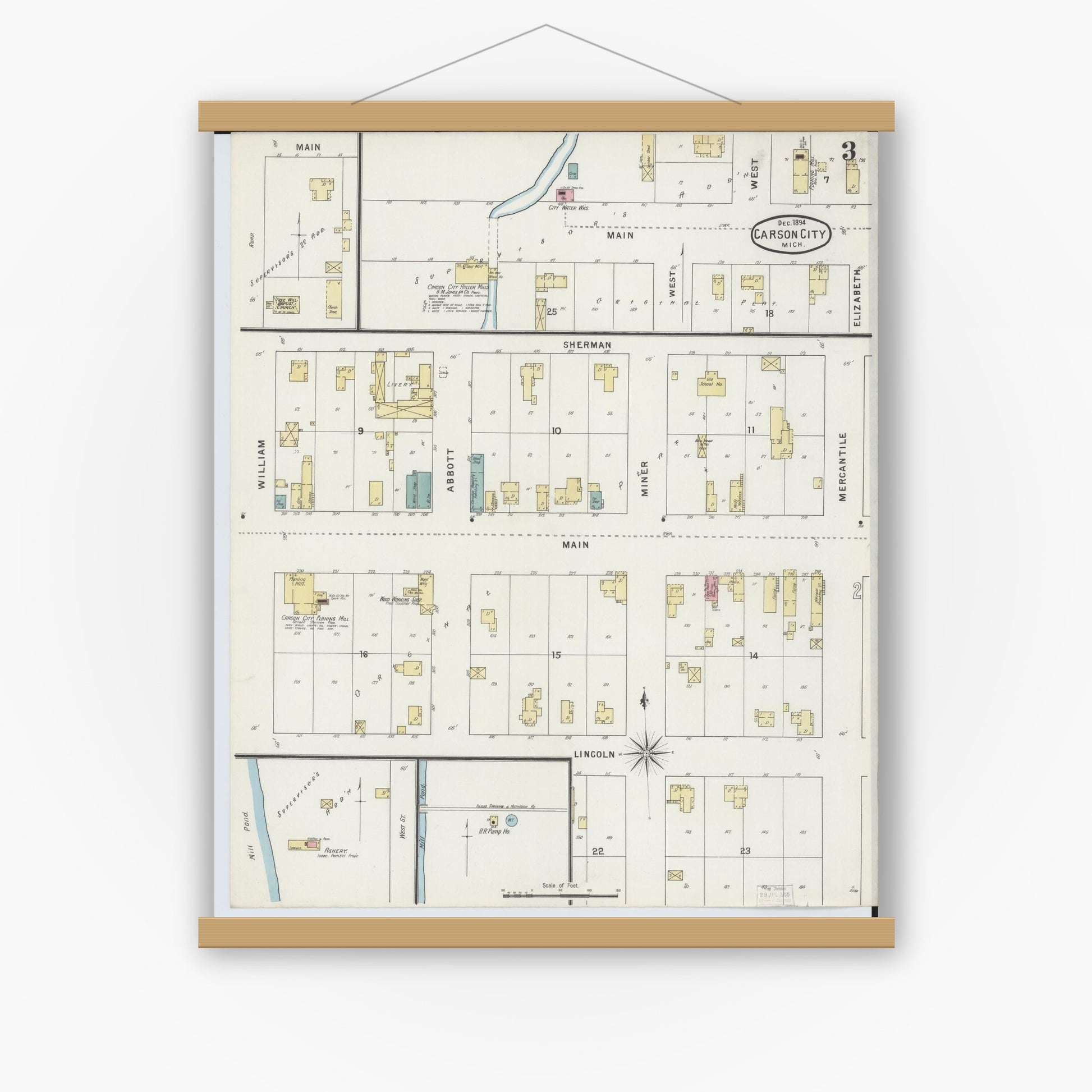 Old map wall art mockup — magnetic wood frame on white wall — Sanborn Fire Insurance Map from Carson City, Montcalm County, Michigan (1894), Sheet #0003
