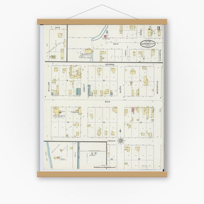 Old map wall art mockup — magnetic wood frame on white wall — Sanborn Fire Insurance Map from Carson City, Montcalm County, Michigan (1894), Sheet #0003