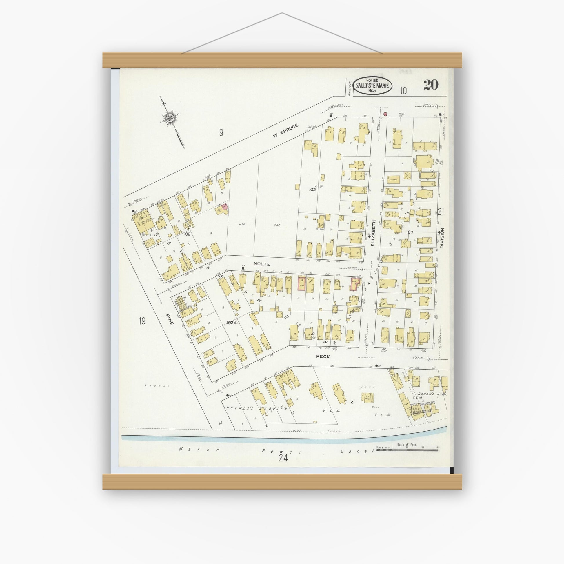 Old map wall art mockup — magnetic wood frame on white wall — Sanborn Fire Insurance Map from Sault Sainte Marie, Chippewa County, Michigan (1915), Sheet #0020