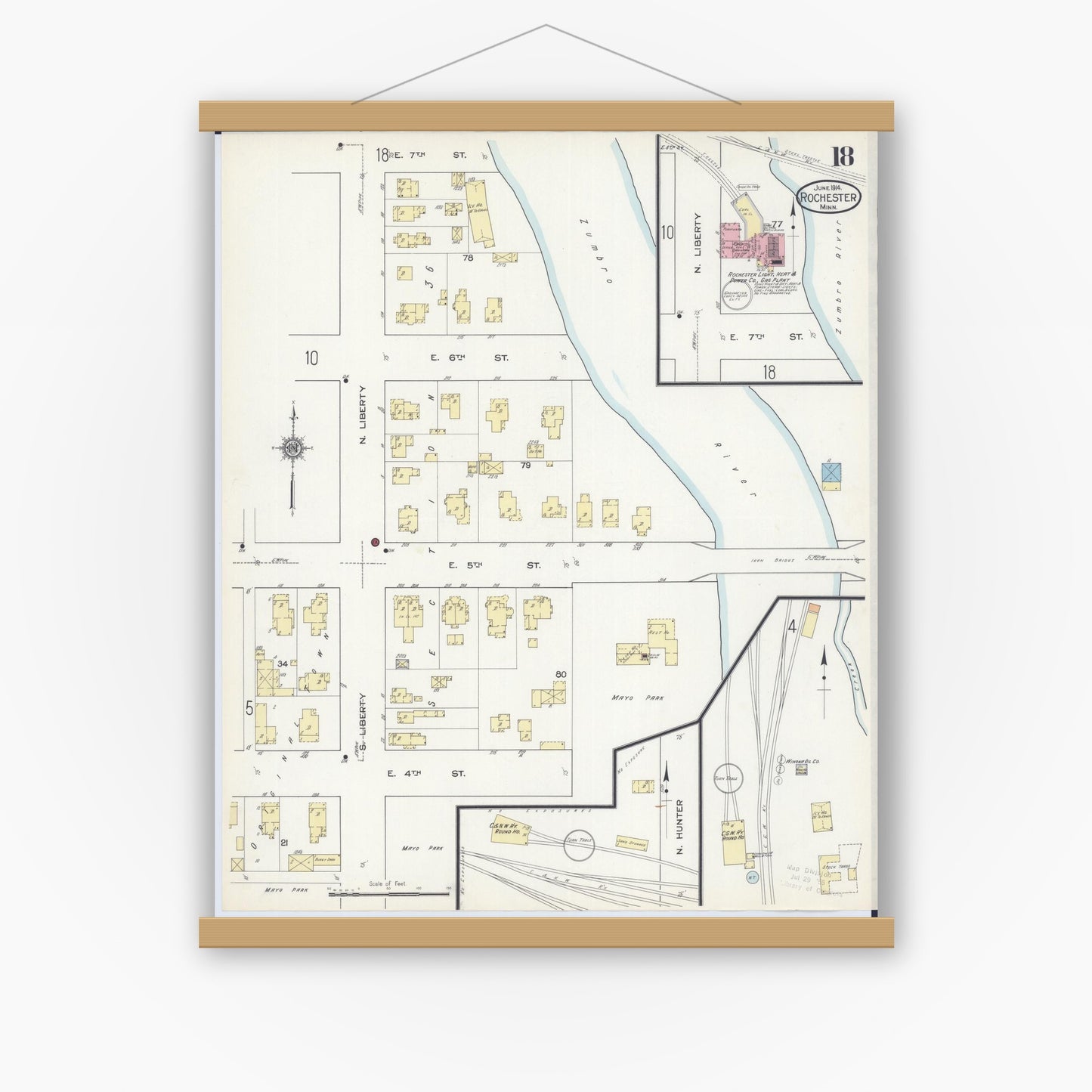 Old map wall art mockup — magnetic wood frame on white wall — Sanborn Fire Insurance Map from Rochester, Olmsted County, Minnesota (1914), Sheet #0018