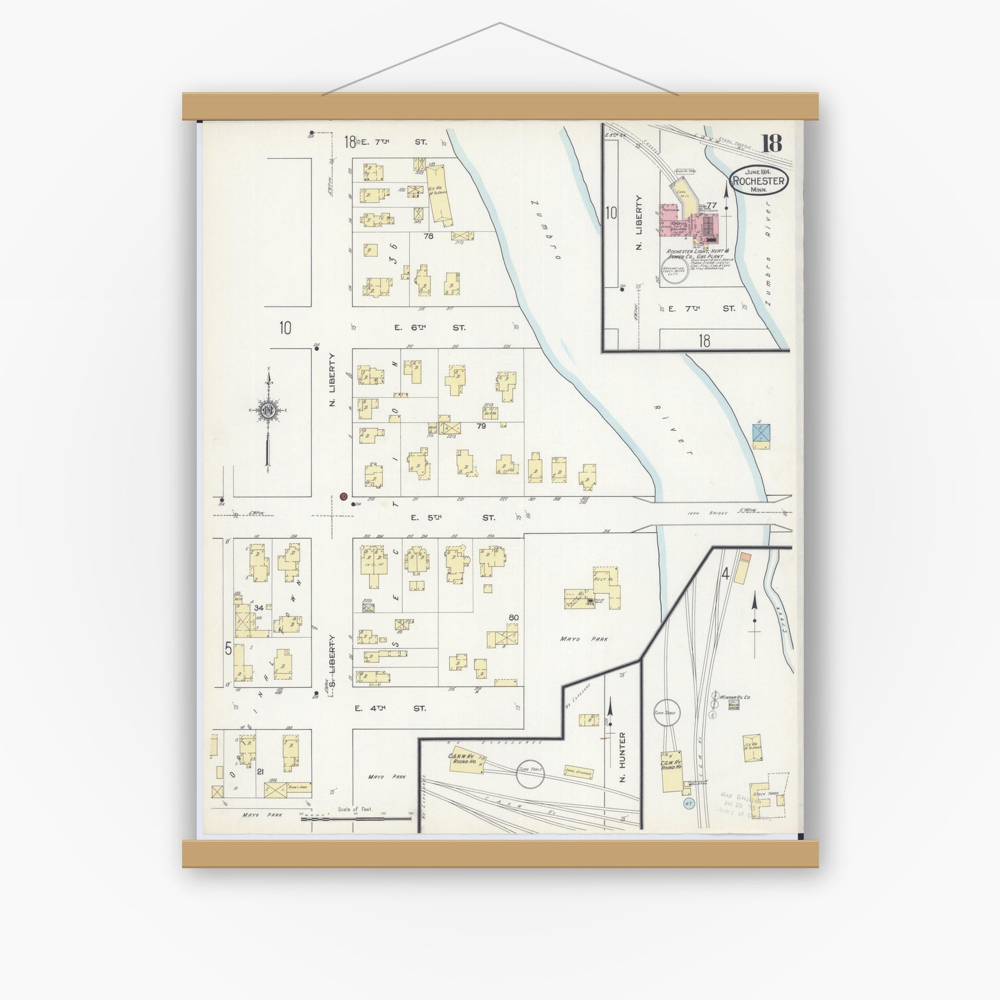 Old map wall art mockup — magnetic wood frame on white wall — Sanborn Fire Insurance Map from Rochester, Olmsted County, Minnesota (1914), Sheet #0018