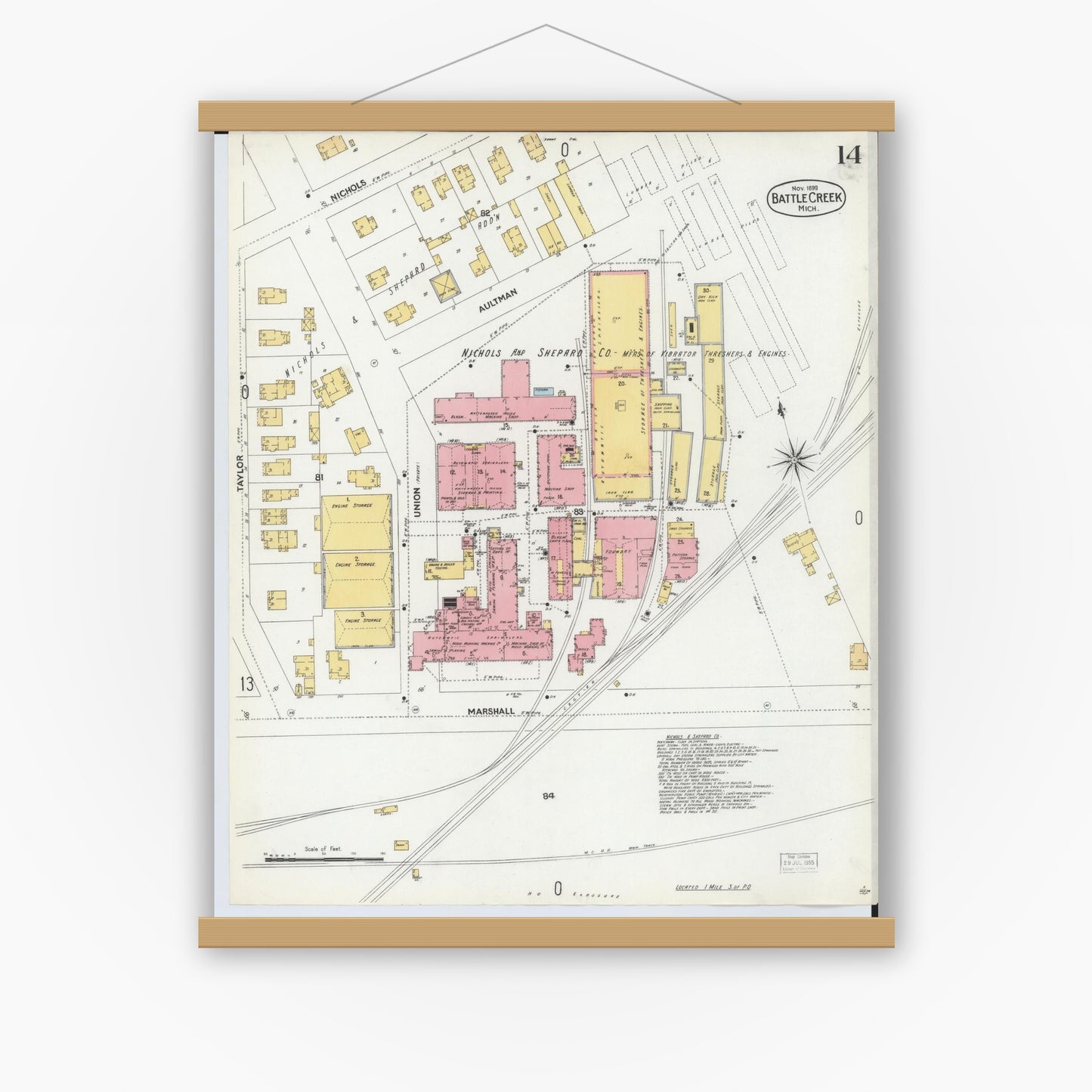Old map wall art mockup — magnetic wood frame on white wall — Sanborn Fire Insurance Map from Battle Creek, Calhoun County, Michigan (1899), Sheet #0014