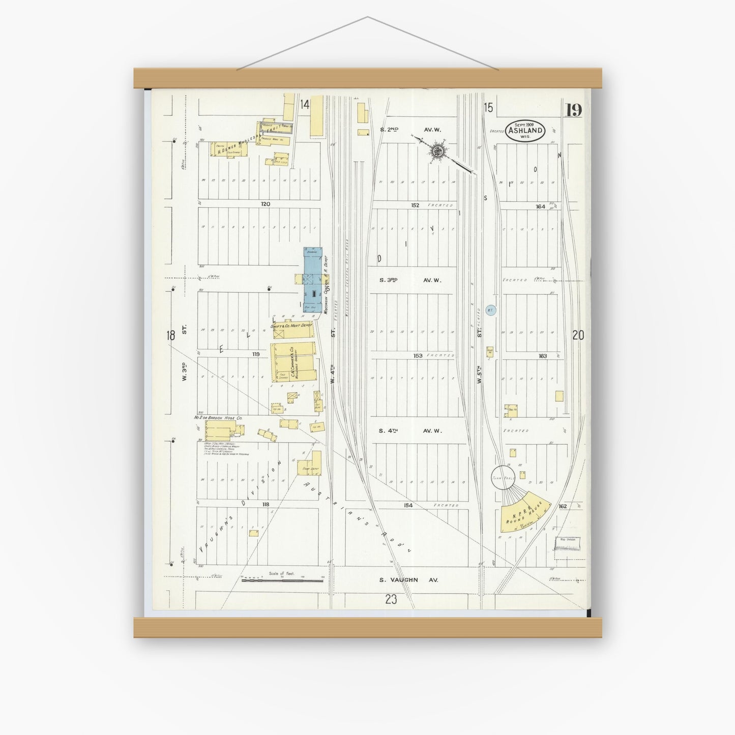Old map wall art mockup — magnetic wood frame on white wall — Sanborn Fire Insurance Map from Ashland, Ashland County, Wisconsin (1909), Sheet #0019